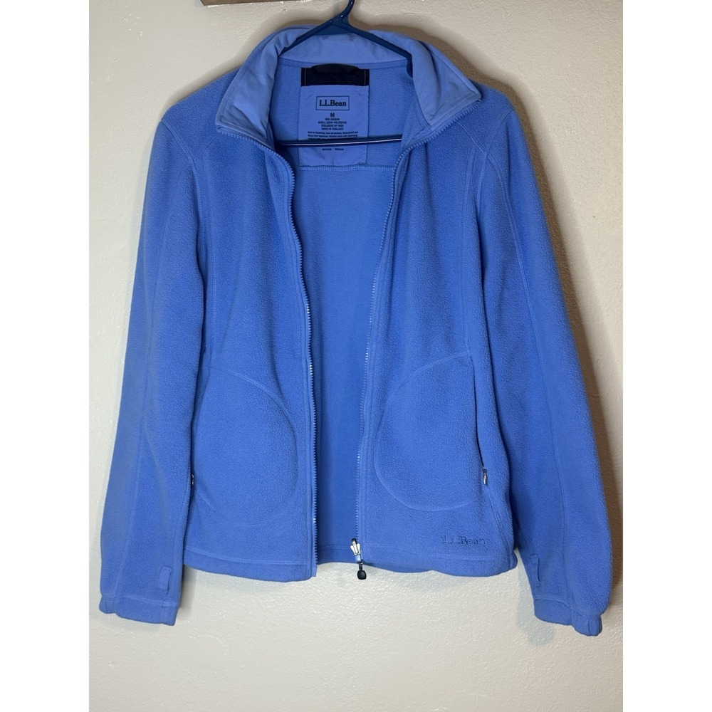 LL Bean Full Zip Fleece Jacket Women Medium Light Blue Heather Sleeve Pocket
